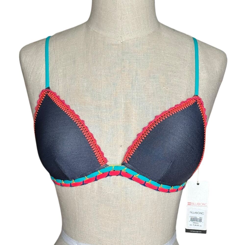 BILLABONG Blue Denim Boho Stitch Triangle Padded Swimsuit Bra Women's Small NWT